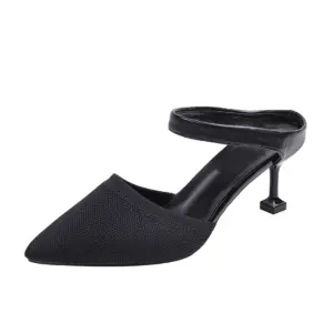 Black Pointed Toe Knit Mid Heeled Mules