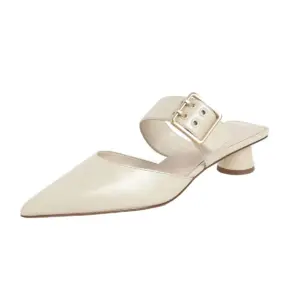 Beige Pointed Toe Mule Heel with Double Hole Buckle